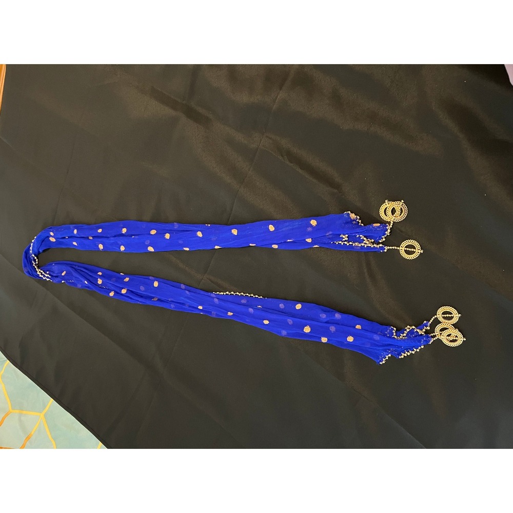 Cobalt Blue Chiffon Dupatta Scarf Gold Foil Polka‎ Dot Beaded Trim Gold Charms